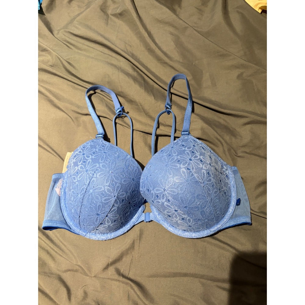 Victoria's Secret Lined Demi Bra 38C Blue Floral Lace Front Close Racerback